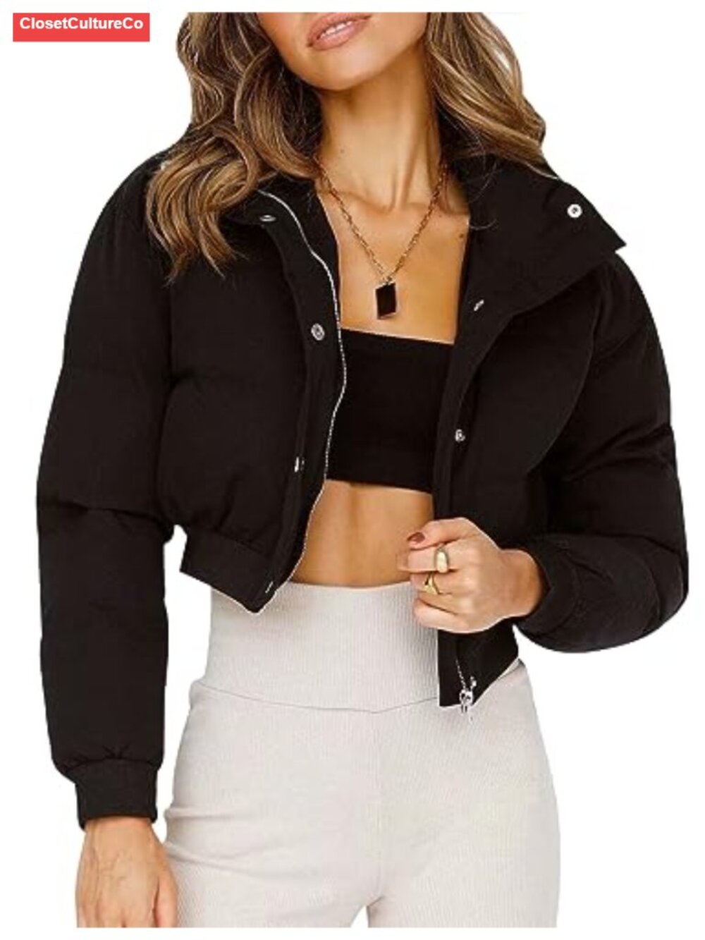 Gihuo Cropped Puffer Jacket Quilted Bubble Coat Full Zip Snap Button